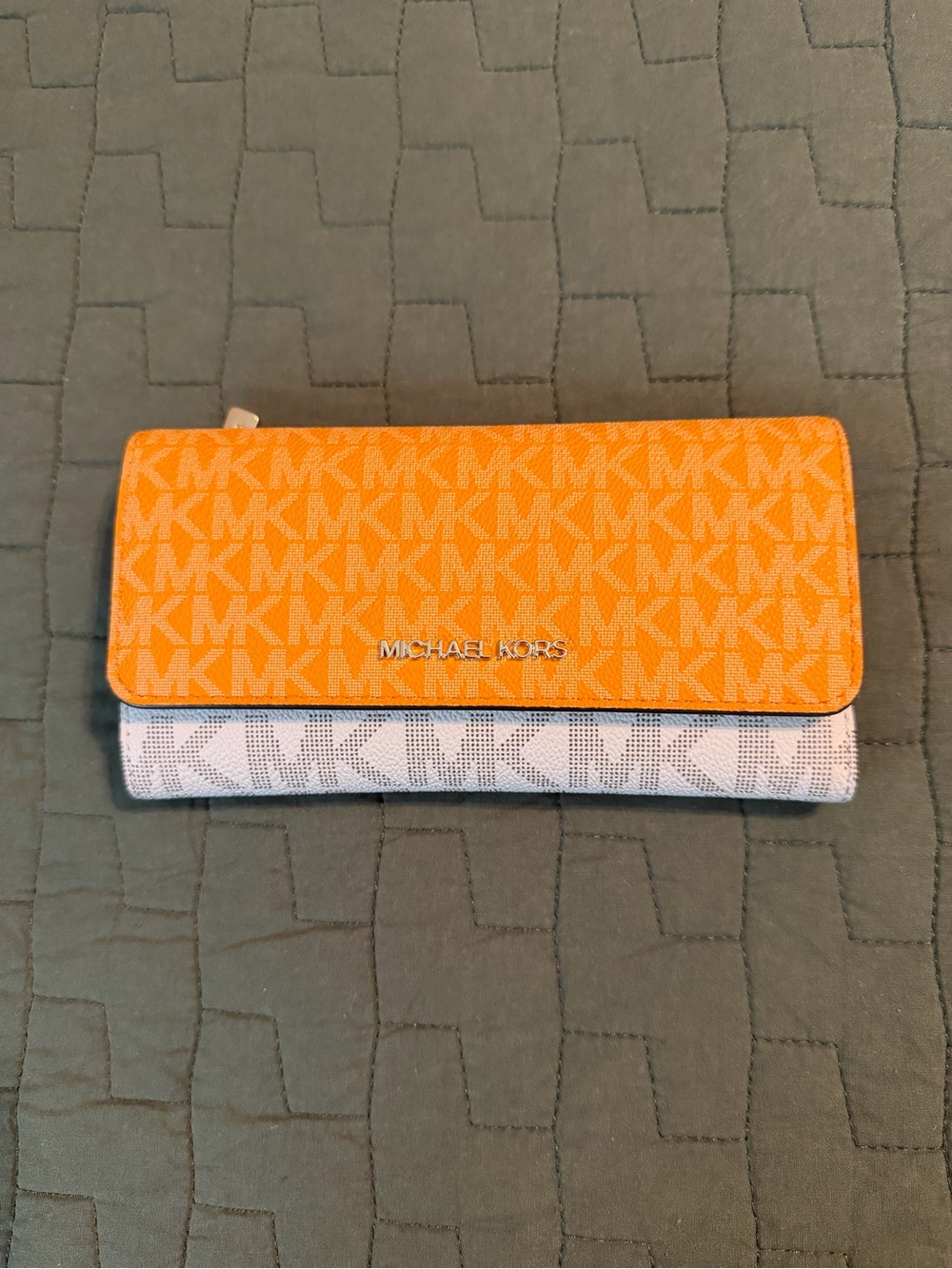 Michael Kors Orange and White Jet Set Large Signature Logo Tri-Fold Wallet